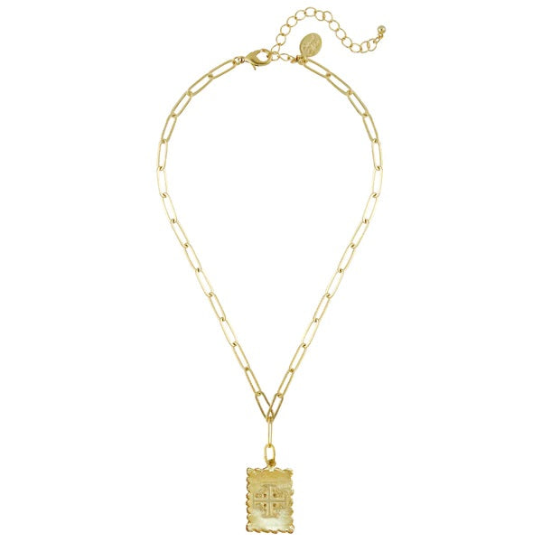 Handcast Gold Cross Rectangle On Paper Clip Chain Necklace / 24K Gold Plated