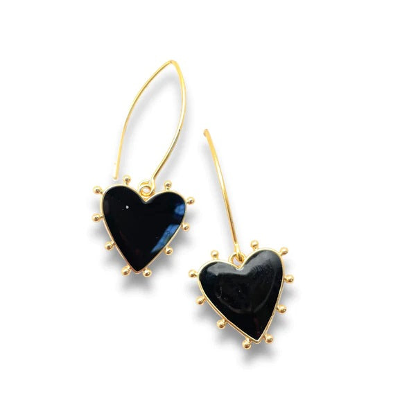 Gold Plated Black Heart Dangle Earrings