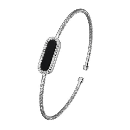 Sterling Silver 2mm Mesh Cuff with Black Onyx and CZ