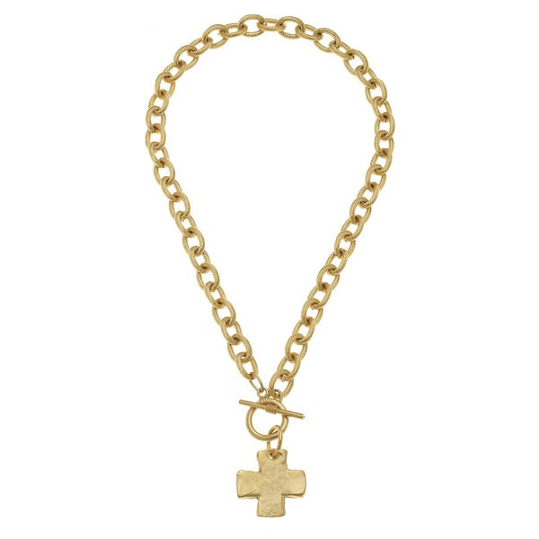 Handcast Gold Cross Toggle Necklace / 24K Gold Plated