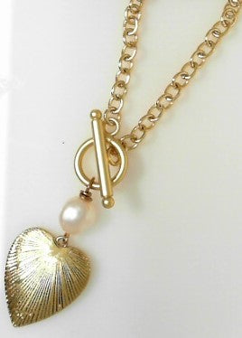 Gold Plated Heart Toggle Necklace with Pearl Bead