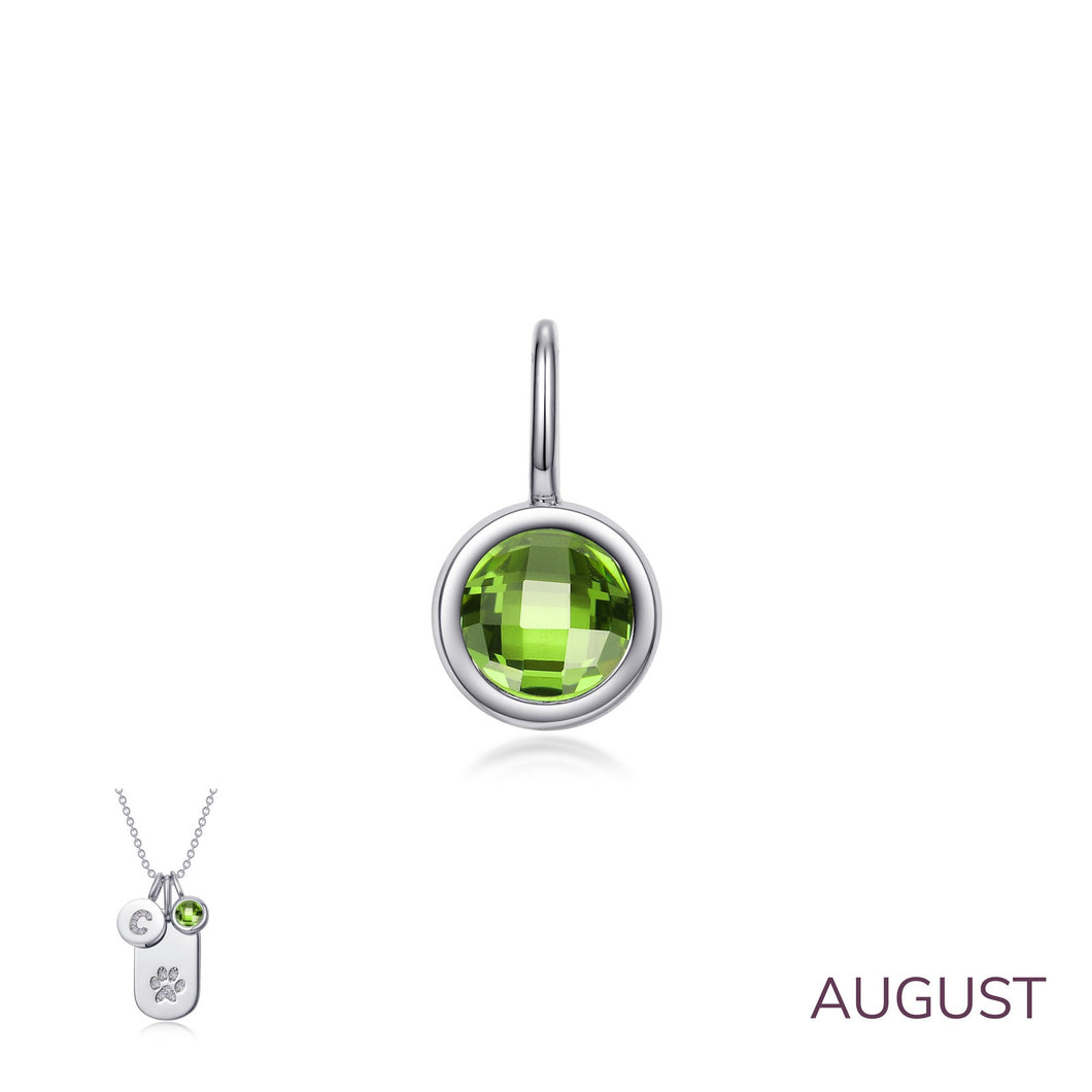 August Birthstone Bezel Set Sterling Silver Rhodium Plated Solitaire Love Charm Simulated Peridot Round 0.46 CTW Lassaire Stones