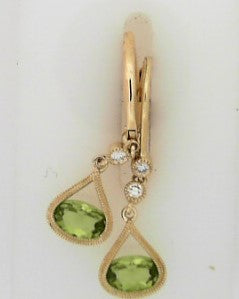 Ladies 14 Karat Yellow Gold All Colored Jewelry Dangle Earrings 1.10Tw Oval Peridots 0.08Tw Round G/H SI2 Diamonds
