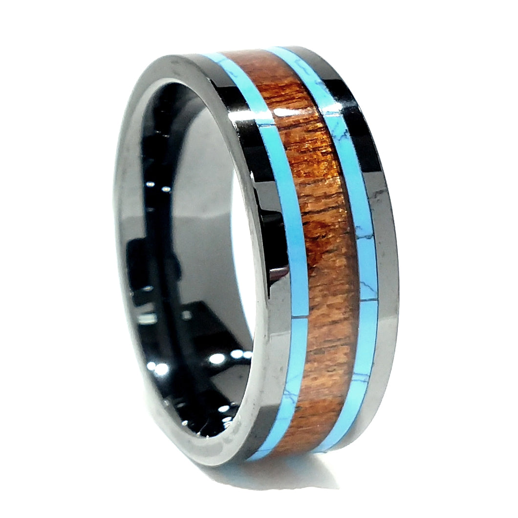 Comfort Fit 8mm High-Tech Ceramic Wedding Ring With Exotic Koa Wood and Turquoise Inlay