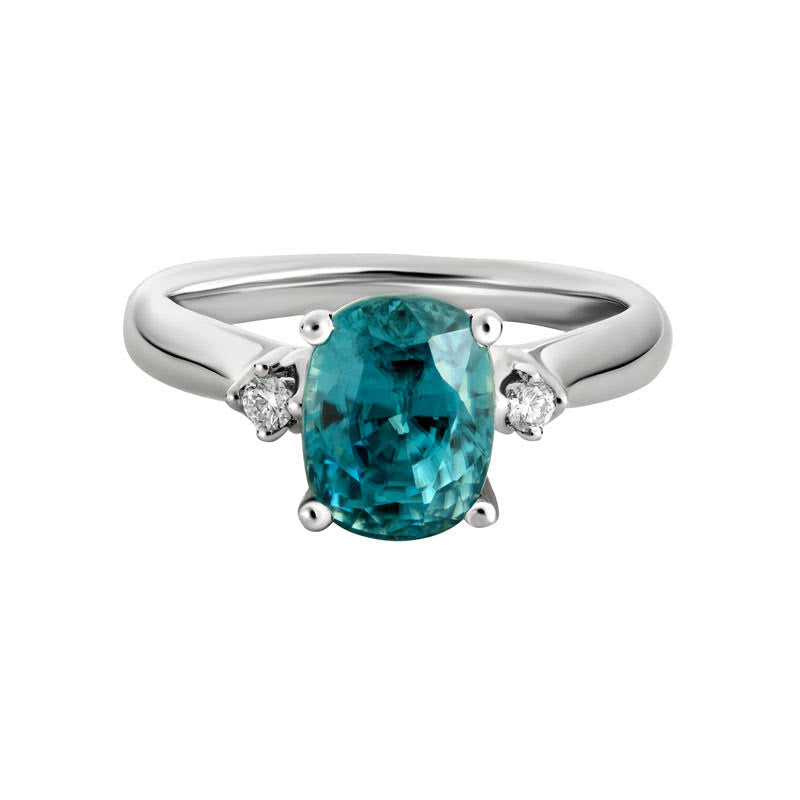 Ladies 14 Karat White Gold Ring With 4.06Tw Cushion Blue Zircon And 0.11Tw Round H/I Si2 Diamonds