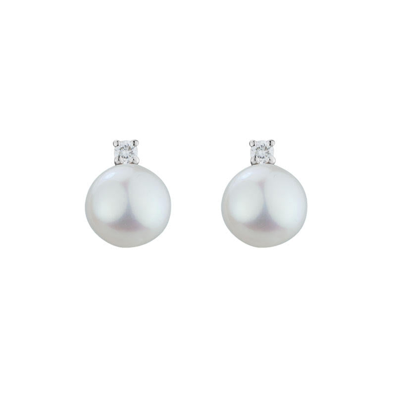 Ladies 14 Karat White Gold Pearl Earrings 6.5MM With Round Pearls And 0.05Tw Round H/I Si2 Diamonds