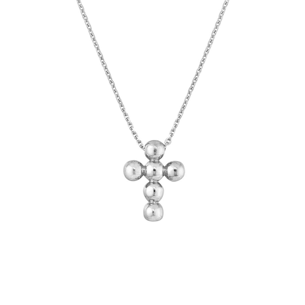 Ladies 14 Karat White Gold Small Bead Cross Necklace 18