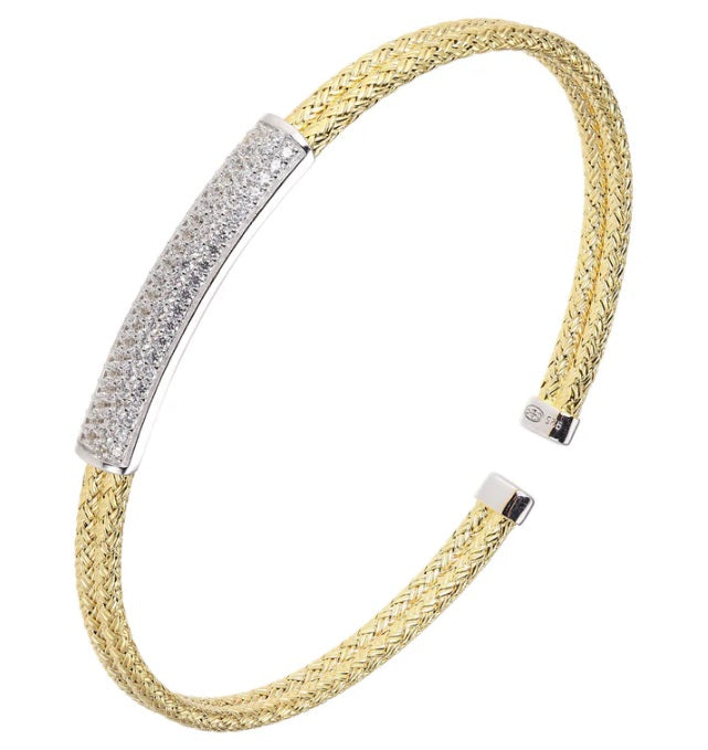 Sterling Silver Double 2mm Mesh Cuff with CZ, 2 Tone, 18K Yellow Gold and Rhodium Finish