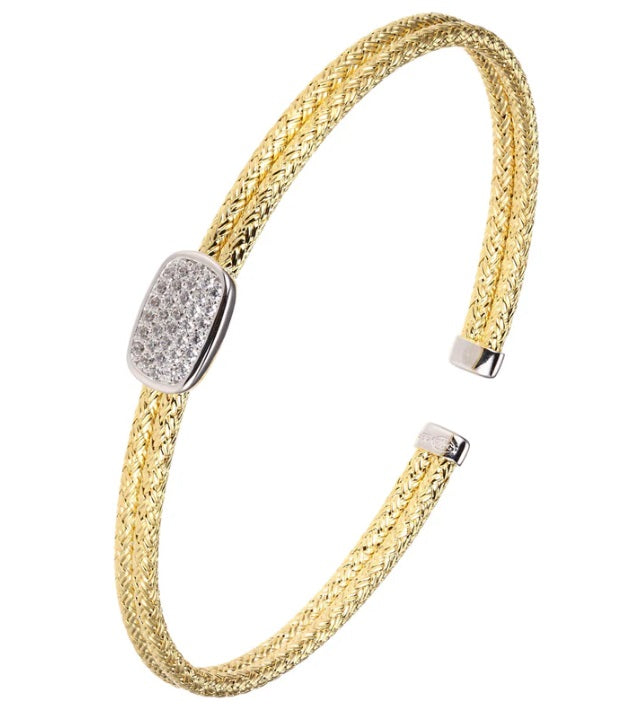 Sterling Silver Double 2mm Mesh Cuff with CZ, 2 Tone, 18K Yellow Gold and Rhodium Finish