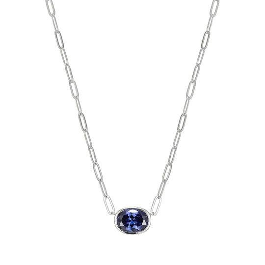 Sterling Silver Necklace with Tanzanite Color CZ on Rolo Chain