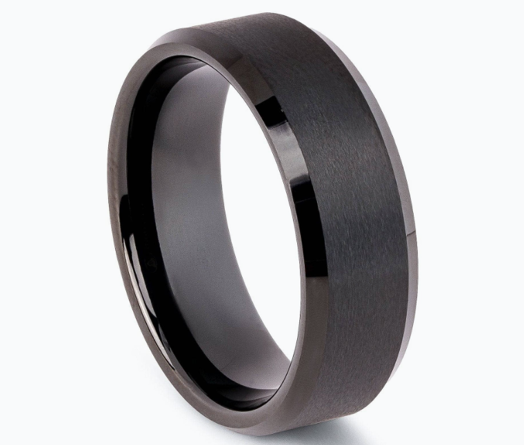 8MM Domed Brushed Black Plated Tungsten Band With Polished Beveled Edge Size 11