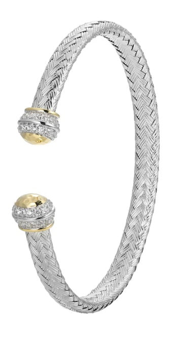Sterling Silver Classic Mesh Cubic Zirconia Cuff Bangle Rhodium and Yellow Gold Finish Inner Circumference 6.75