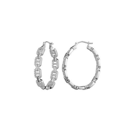 Sterling Silver Classic Mesh With Marina Link Cubic Zirconia 35Mm Hoop Rhodium Finish