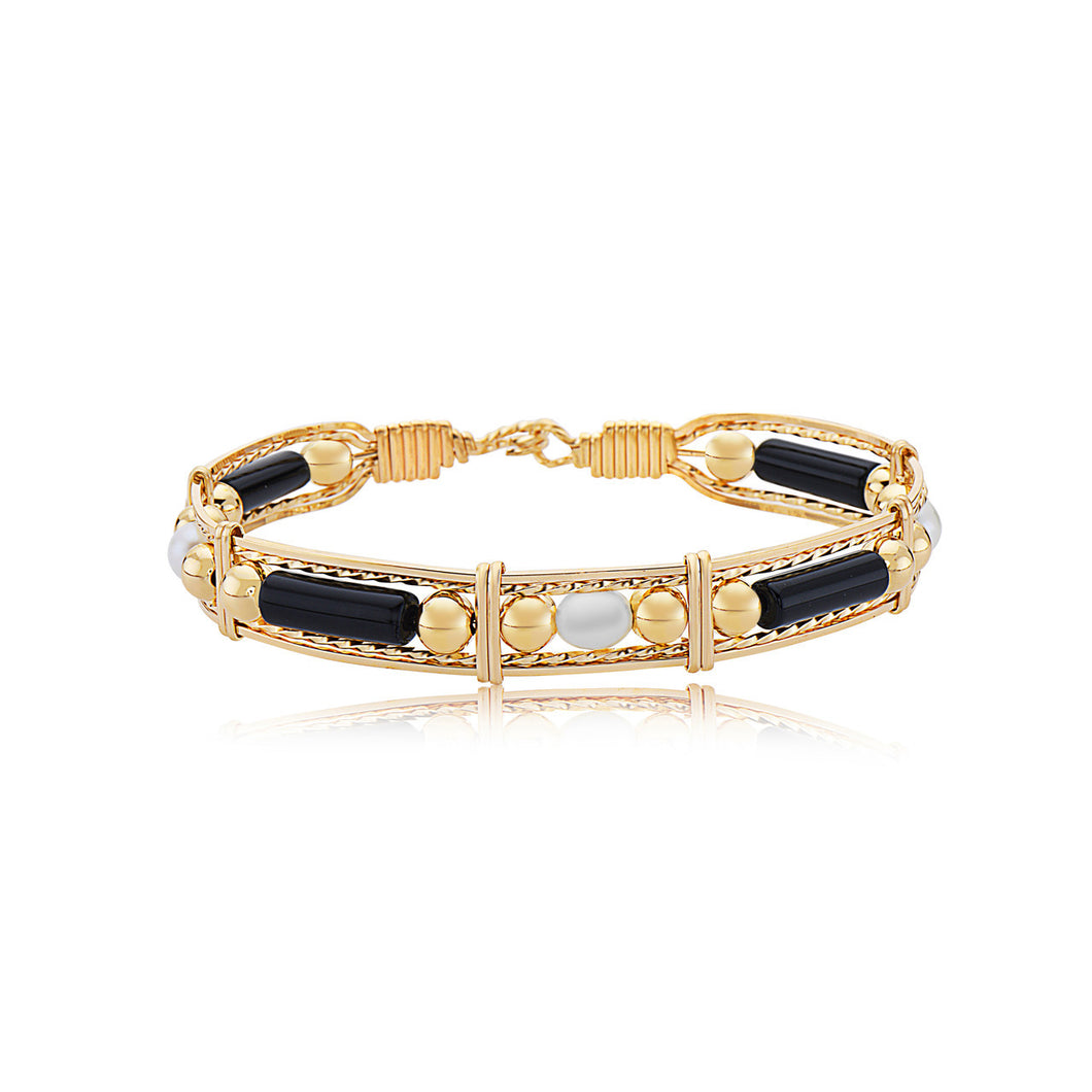 Color Your World Bracelet with Gold Beads and Pearl- 14 kt Gold Artist Wire- Black Onyx- Size 7.5