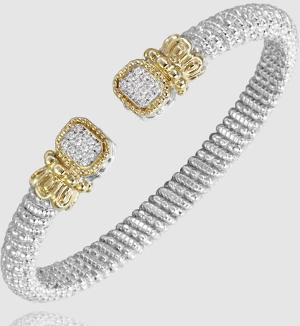 Ladies 14 Karat Gold & Sterling Silver Diamond  Open End Bangle 6MM Bracelet With 0.18Tw Round H/I Si2 Diamonds