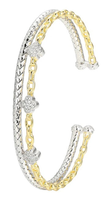 Sterling Silver Trefle Mesh Double Cuff, 2 Tone, CZ, 18K Yellow Gold and Rhodium Finish 6.75