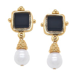 Black Glass Bead Genuine Pearl Drop Earrings / Triple Plated 24K Gold