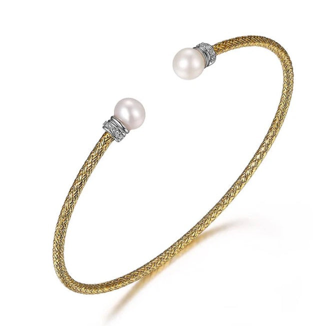 Sterling Silver 2mm Mesh Cuff with Freshwater Pearl and CZ, 2 Tone, 18K Yellow Gold and Rhodium Finish