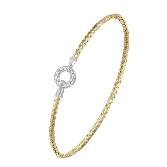 Sterling Silver 2mm Mesh Bangle with CZ, 2 Tone, 18K Yellow Gold and Rhodium Finish