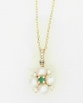 Ladies 14 Karat Yellow Gold Fashion Necklace With = 0.05Tw Round Emeralds, = 4- 3mm Round Pearls And 0.05 Twt Diamonds With 16