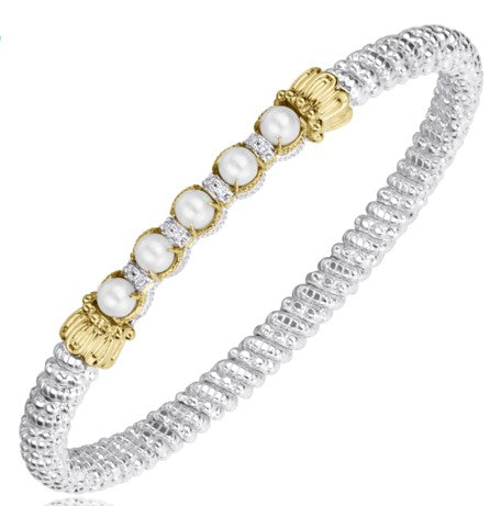 Ladies 14 Karat Yellow Gold And Sterling Silver Closed Bracelet 4MM with 5 Pearls 4 - 4.5 MM  Diamond Weight: 0.06 Pts of Diamonds