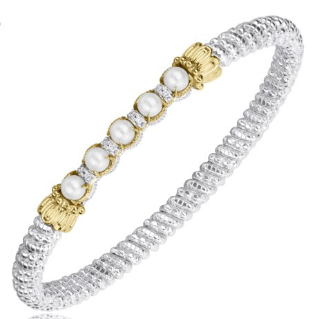 Metal: 14k Gold & Sterling Silver Diamond Weight: 0.06CT 4MM Closed Band Bracelet With 5 - 4-4.5MM White Pearls