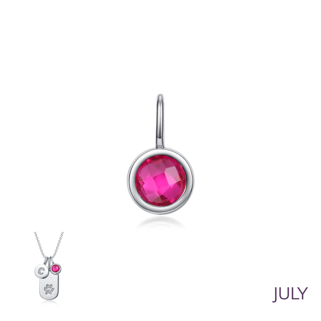 July Birthstone Bezel Set Sterling Silver Rhodium Plated Solitaire Love Charm Simulated Ruby Round 0.46 CTW Lassaire Stones