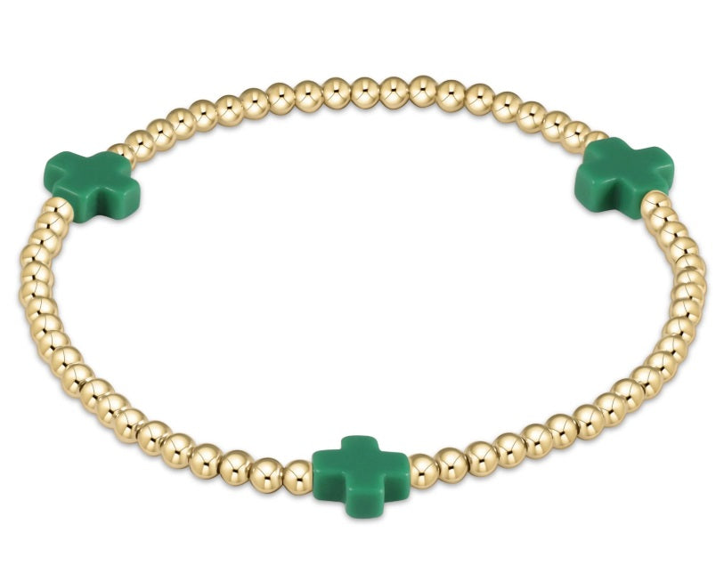 Signature Cross Gold Pattern 3MM Bead Bracelet - Emerald