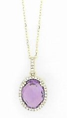 Ladies 14 Karat Yellow Gold Fashion Necklace With 0.10Tw Round H/I SI2 Diamonds And 3.00Tw Oval Amethyst Pendant 16
