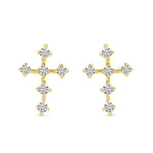Ladies 14 Karat Yellow  Gold Diamond Mini Cross Stud Earrings With 0.06Tw Round H/I Si2 Diamonds