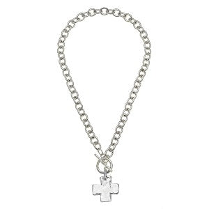 Cross Toggle Clasp Necklace / Sterling Silver Plated  / 16Inches