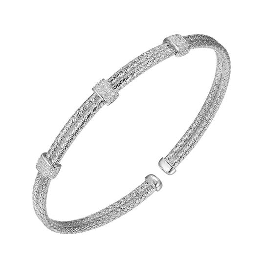Sterling Silver Double 2mm Mesh Cuff with CZ, Rhodium Finish