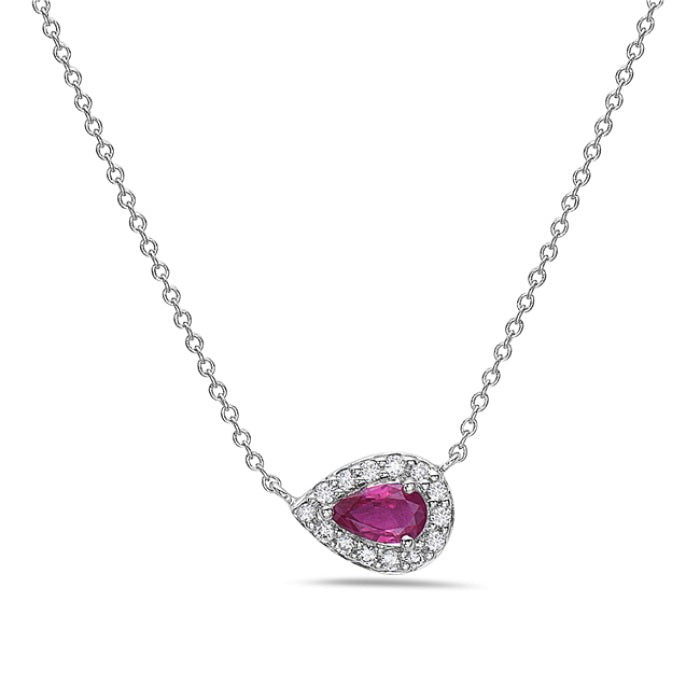 Ladies 14 Karat White Gold All Colored Jewelry Pendant  With 0.18Tw Pear Rubys And 0.08Tw Round G/H Si2 Diamonds With 16
