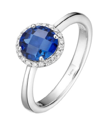 September Birthstone Ring Sterling Silver Rhodium Plated 1.05 TW with Simulated Stone and a Lassaire Stone Halo Size 7