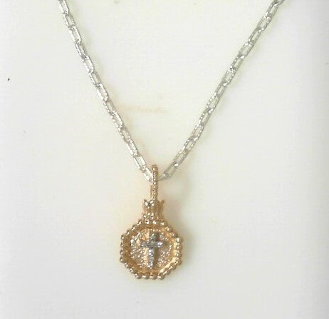 Ladies 14 Karat Yellow Gold And Sterling Silver Diamond Cross Necklace With  G/H Si2 Diamonds And 0.04Tw Round G/H Si2 Diamonds With 18