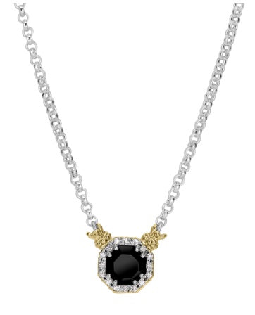 Ladies 14 Karat Yellow Gold And Sterling Silver Diamond Hexagon Black Onyx 7x7 Necklace With  G/H Si2 Diamonds And 0.08Tw Round G/H Si2 Diamonds With 18