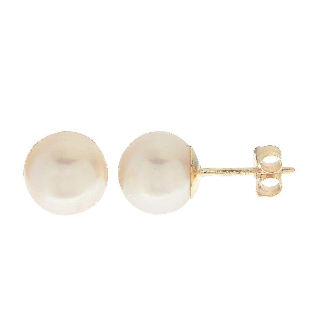 Ladies 14 Karat Yellow Gold 8MM Akoya Pearl Stud Earrings