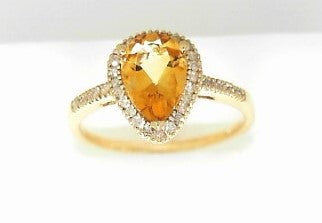 Ladies 10 Karat Yellow Gold With = 01.04Tw Pear Citrine And = 0.12Tw Round H/I Si2 Diamonds Size 7.5