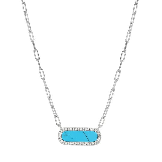 Sterling Silver Necklace made with Paperclip Chain and Synthetic Turquoise with CZ in Center