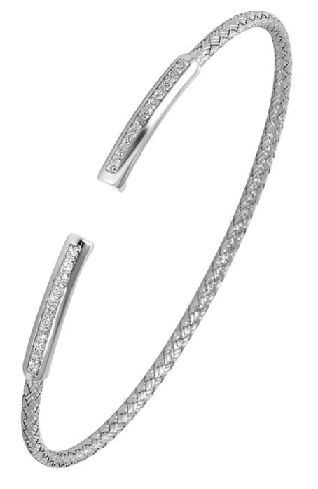 Sterling Silver 2mm Mesh Cuff with CZ, Rhodium Finish
