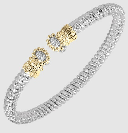 Ladies Ladies 14 Karat Gold & Sterling Silver Diamond Open End Bangle 4MM With 0.06Tw Round G/H Si2 Diamonds