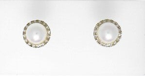 Ladies 14 Karat Yellow Gold Stud Earrings With Round Pearls And 0.10Tw Round H/I Si2 Diamonds