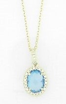 Ladies 14 Karat Yellow Gold Fashion Necklace With 0.08Tw Round H/I SI2 Diamonds And 1.50Tw Oval Blue Topaz Pendant 16