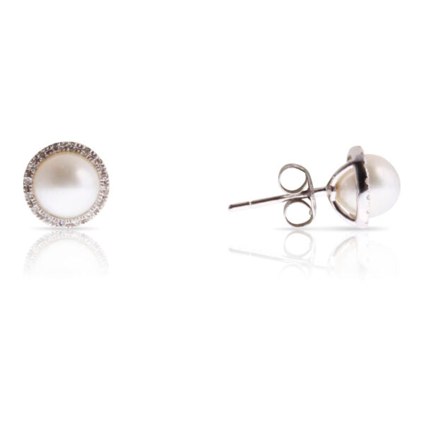 Ladies 14 Karat White Gold Stud Earrings With Round Pearls And 0.10Tw Round H/I Si2 Diamonds