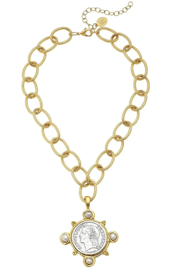 French Coin + Freshwater Pearl Necklace - 16 inches with 3 inch extender