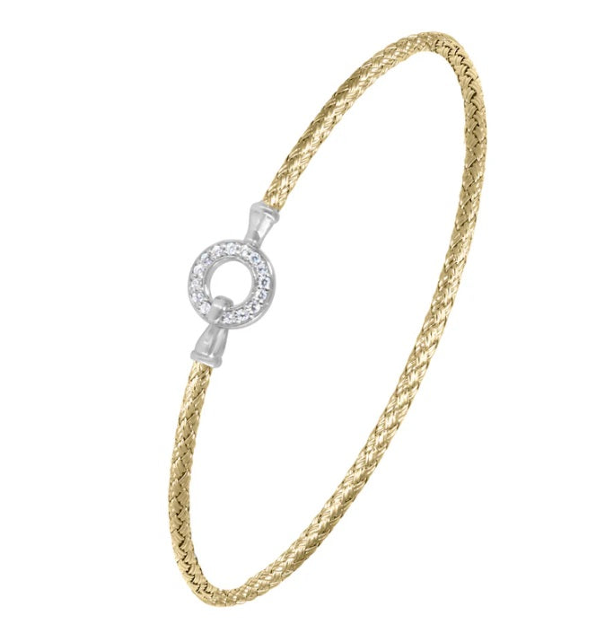 Sterling Silver 2mm Mesh Bangle with CZ, 2 Tone, 18K Yellow Gold and Rhodium Finish
