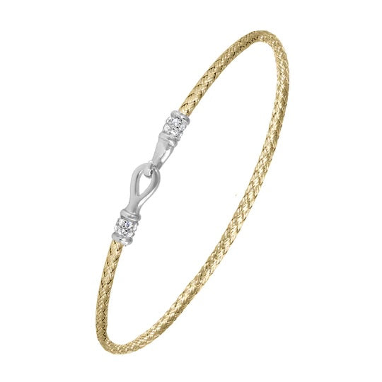 Sterling Silver 2mm Mesh Bangle with CZ, 2 Tone, 18K Yellow Gold and Rhodium Finish