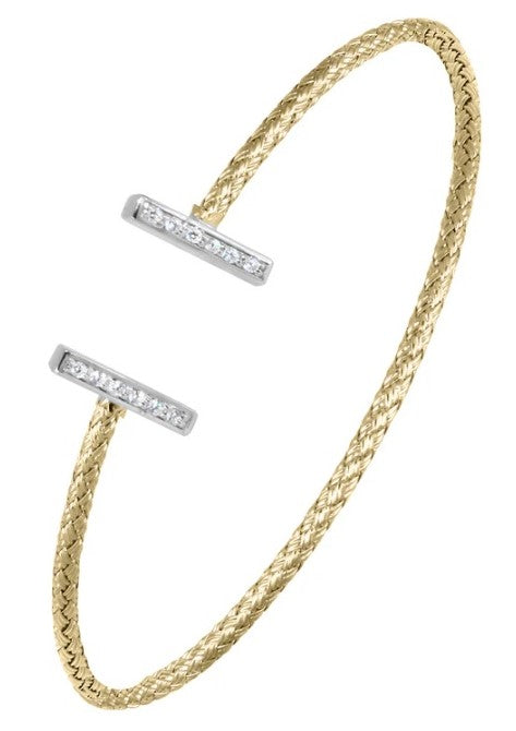 Sterling Silver 2mm Mesh Cuff with CZ, 2 Tone, 18K Yellow Gold and Rhodium Finish