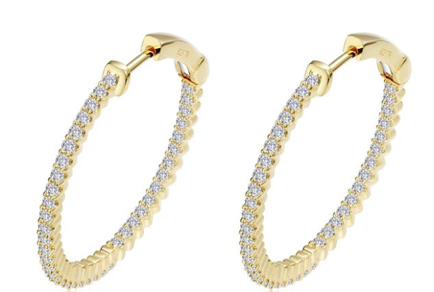 Gold Plate Over Sterling Silver Open Hinged Round Inside/Outside Hoop Earrings 25mm With 1.20 CTW Lassaire Stones