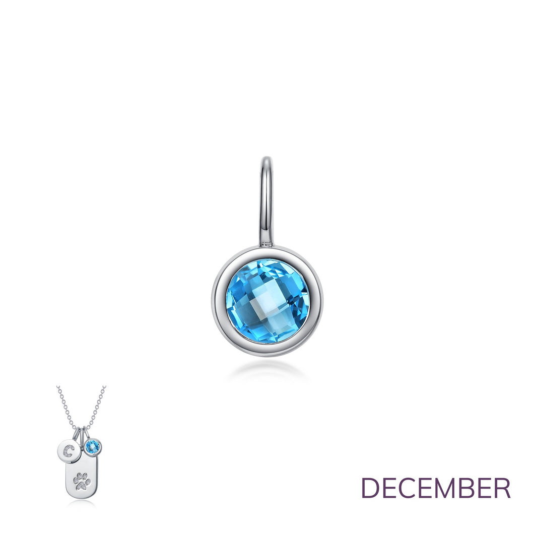 December Birthstone Bezel Set Sterling Silver Rhodium Plated Solitaire Love Charm Simulated Blue Topaz Round 0.46 CTW Lassaire Stones